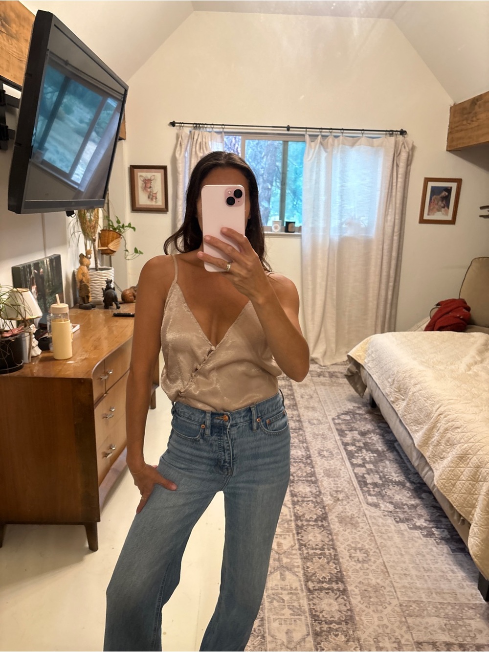 Crescent Shimmery Champagne Satin V-Neck Bodysuit